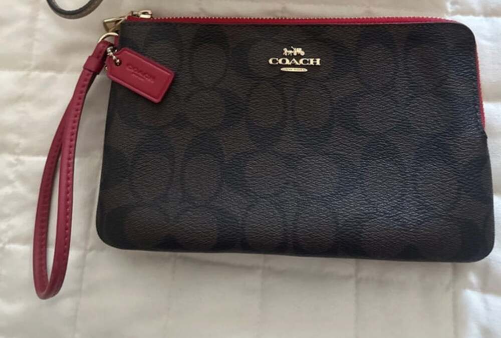 Coach Large Double Zip Signature Brown Red Wristlet Wallet